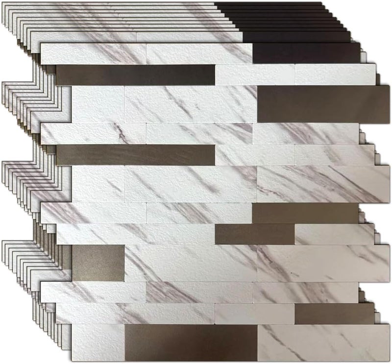 weimeisc 10 Sheets Peel and Stick Backsplash Tile for Kitchen, Self-Adhesive Mosaic Tile, Stick on Bathroom Vanities，Fireplace Décor, Laundry Table (White Marble+Frosted Grey-2) - Image 1